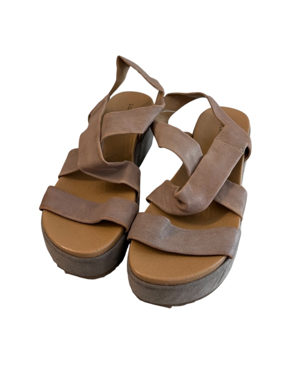 Lucky Brand Women's Taupe/Brown Faux Leather Strappy Slip-On Wedge Sandals GUC